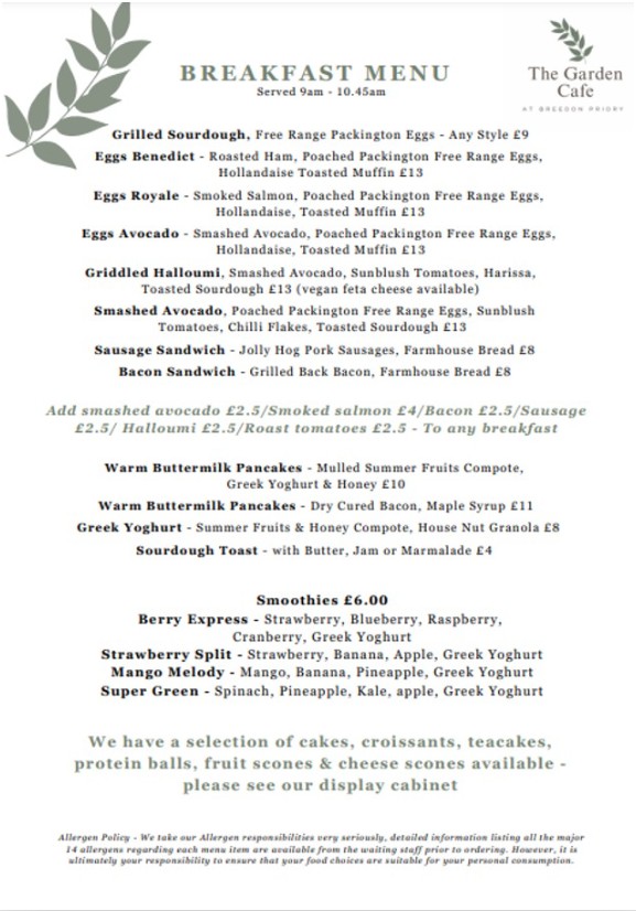 Breedon Priory Health Club Breakfast Menu