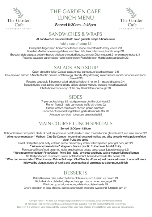 Breedon Priory Health Club Lunch Menu